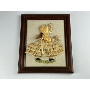 Vintage Holly Hobbie 3D Wood Framed Doll on Burlap w/ REAL HAIR Fabric Ribbon